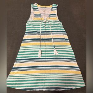 Sleeveless Striped Casual Dress in Greens, Yellow & White Oversized Small